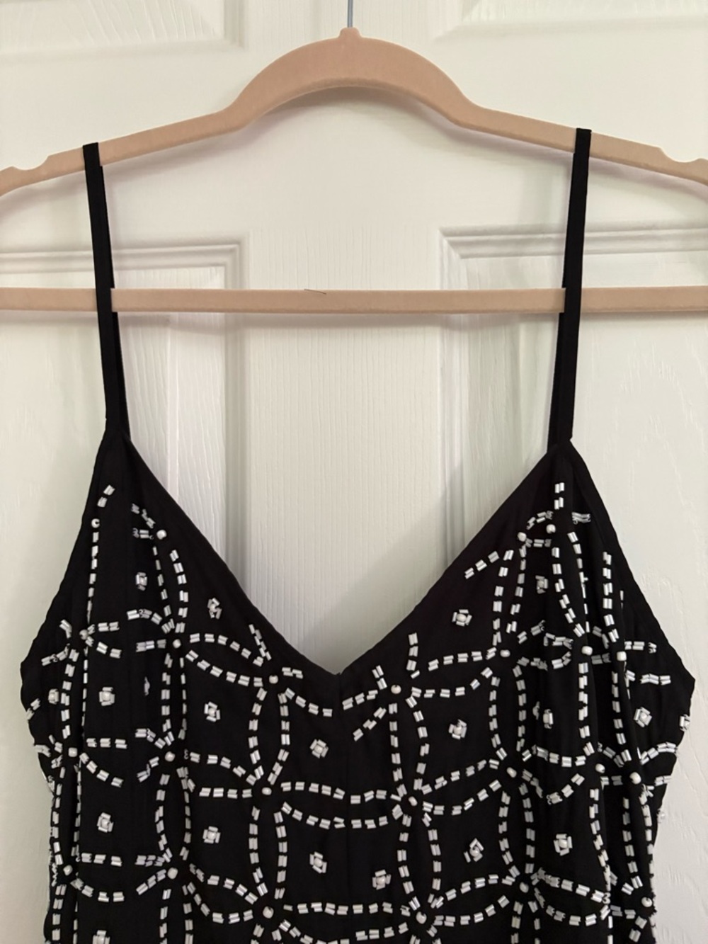 Hot Girl Summer NBD sz 4 Black Beaded Strapless Romper w White Geometric beading